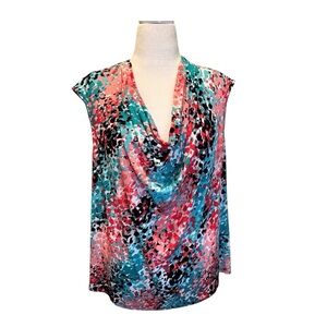 Kasper cap sleeve cowl neck top Reds/white/turquoise/black abstract 1X KA001